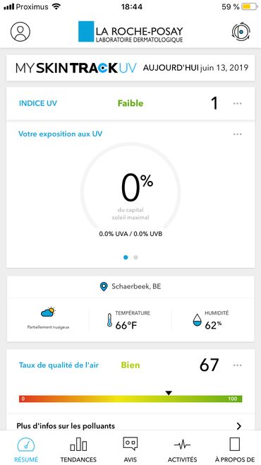 L'application MySkinTrackUV en début de journée L'application MySkinTrackUV en début de journée