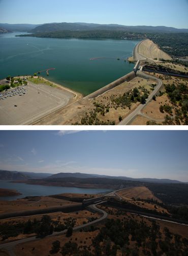 Vues du barrage du Lac d'Oroville le 20 juillet 2011 et le 19 août 2014. Vues du barrage du Lac d'Oroville le 20 juillet 2011 et le 19 août 2014.