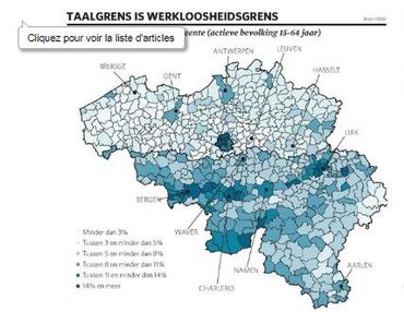 La carte du chômage en Belgique: la frontière linguistique est-elle aussi celle du travail? (taux par commune) La carte du chômage en Belgique: la frontière linguistique est-elle aussi celle du travail? (taux par commune)