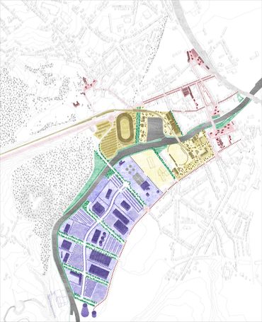 La zone où sera situé le stade est en jaune La zone où sera situé le stade est en jaune