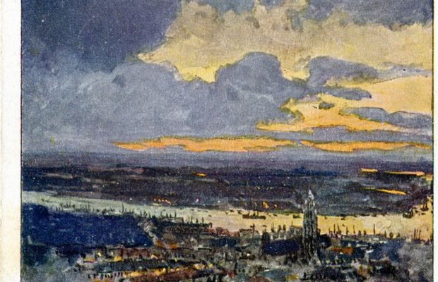 "Zeppelin above Antwerp"  
Postcard from the Deutscher Luftflotten-Verein (Berlin), according to a work by Themistokles v. Eckenbrecher. Sent from Lessines to Strasbourg in April 1915  - Private collection, Nicolas Mignon. &copy;