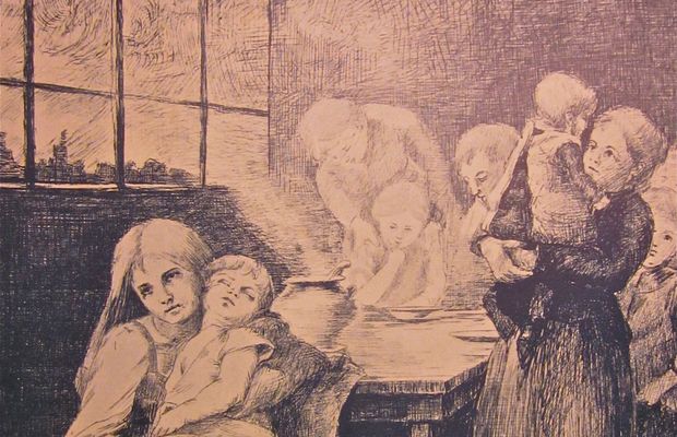 A table avec la peur de la faim
En 1915, la Province de Luxembourg a publié un livre illustré avec des poèmes, des récits et des explications concernant les programmes officiels du CNSA. Cette illustration fait partie de cette publication: Soupe de guerre installée par M. Léon Thiry dans les localités éprouvées du sud luxembourgeois. Province du Luxembourg. - Tous droits réservés ©