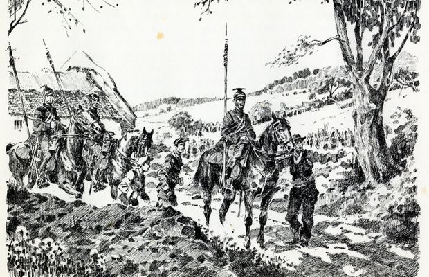 "Lancers on patrol – August 1914"
Illustration by the Belgian artist James Thiriar, taken from his work "Gloire et misère au Front de Flandre 1914-1918", Brussels-Paris, Van Oest & Cie, 1920, p. 1 - All rights reserved ©