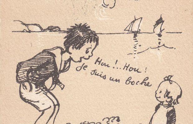Hou !.. Hou ! Je suis un boche ! - Tu retardes... ça ne fait plus peur.
Le célèbre dessinateur français Francisque Poulbot (1879-1946) dédramatise la peur du "boche" dans un de ses célèbres dessins. Editeur A. Ternois. - Collection privée, Nicolas Mignon. ©