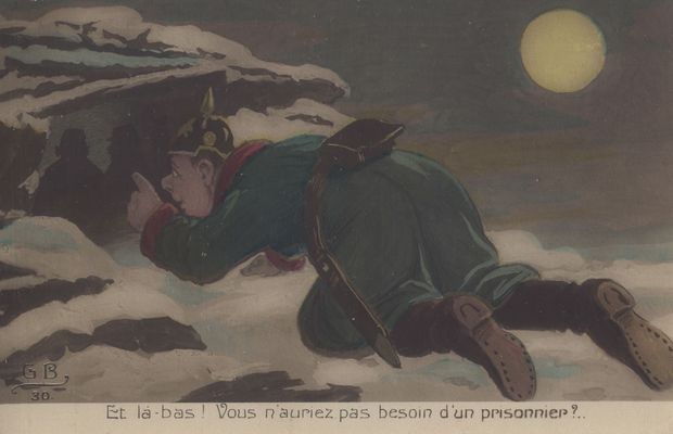 Carte postale satirique: "Et là-bas! vous n'auriez pas besoin d'un prisonnier" - Collection privée, M. Freddy Billiet ©