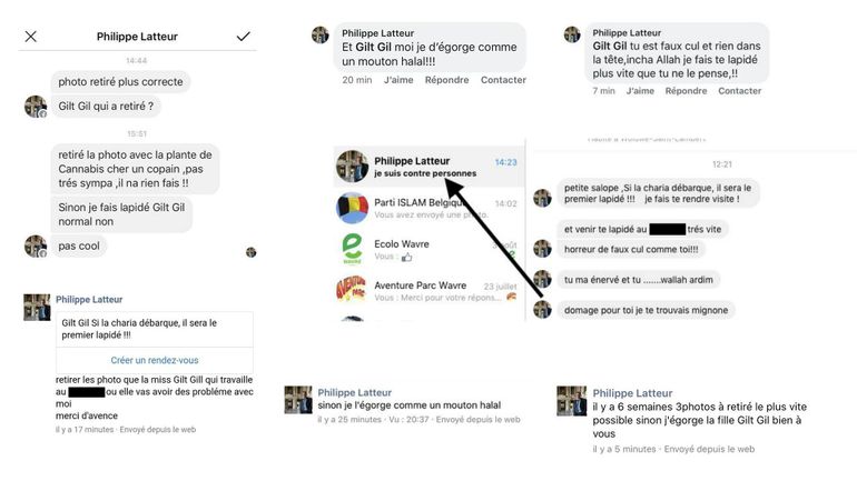 Captures d'écran d'une série de messages visant une internaute, publiés sur Facebook au nom de Philippe Latteur. Captures d'écran d'une série de messages visant une internaute, publiés sur Facebook au nom de Philippe Latteur.